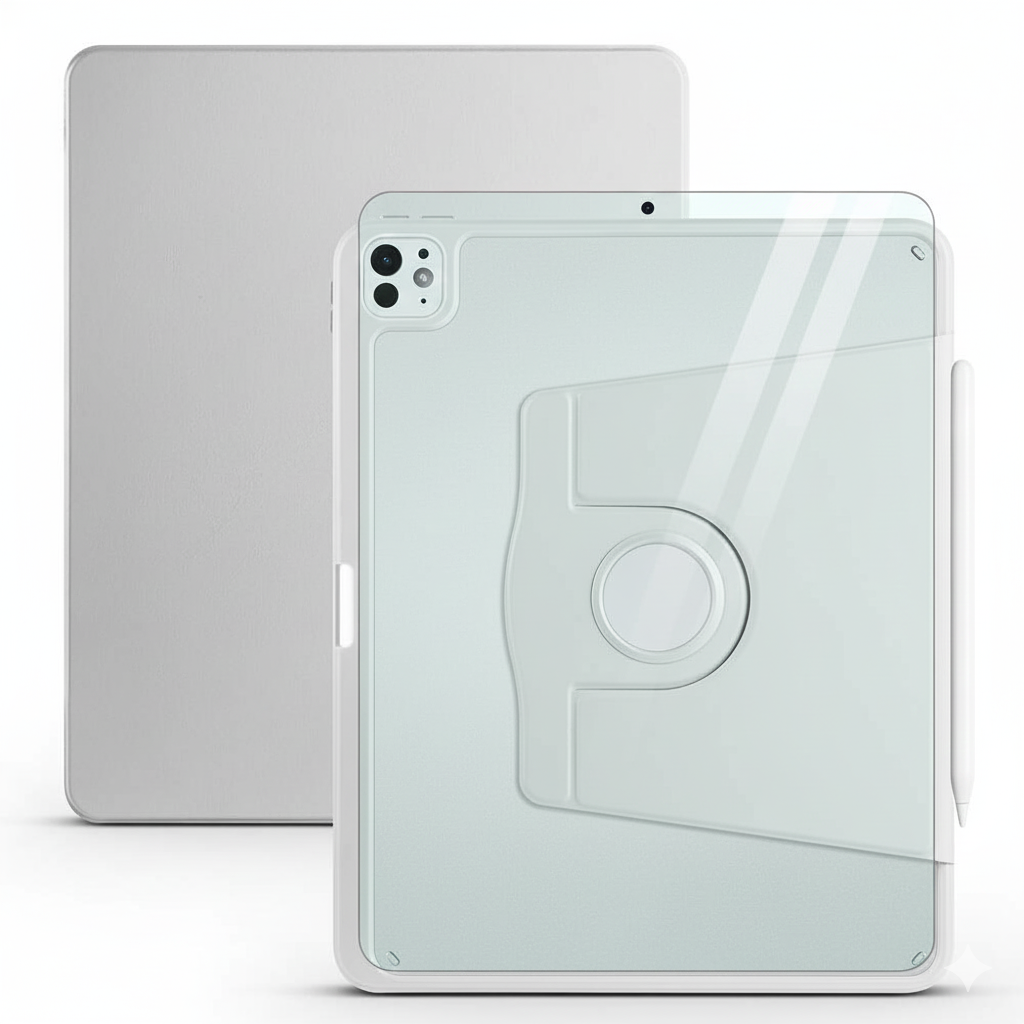 Apple iPad Pro 13 M4 Dönebilen Standlı Kalem Bölmeli Koruyucu Kılıf Stylus Kalem ve Nano Ekran Koruyucu Çok Fonksiyonlu Set Gri