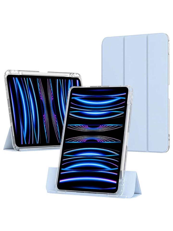 Apple iPad Air 13 M3 (2025) Manyetik Standlı Darbeye Dayanıklı Shockproof Kalemlikli Kızaklı Hybrid Kılıf Açık Mavi