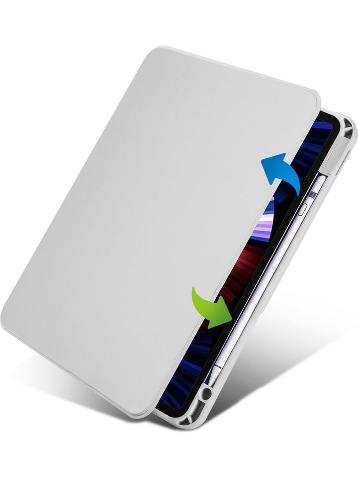 Apple iPad Pro 11 M4 (2024) Dönebilen Standlı Kalem Bölmeli Koruyucu Kılıf Stylus Kalem ve Nano Ekran Koruyucu Çok Fonksiyonlu Set Gri