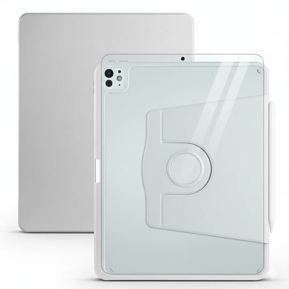 Apple iPad Pro 11 M4 (2024) Dönebilen Standlı Kalem Bölmeli Koruyucu Kılıf Stylus Kalem ve Nano Ekran Koruyucu Çok Fonksiyonlu Set Gri