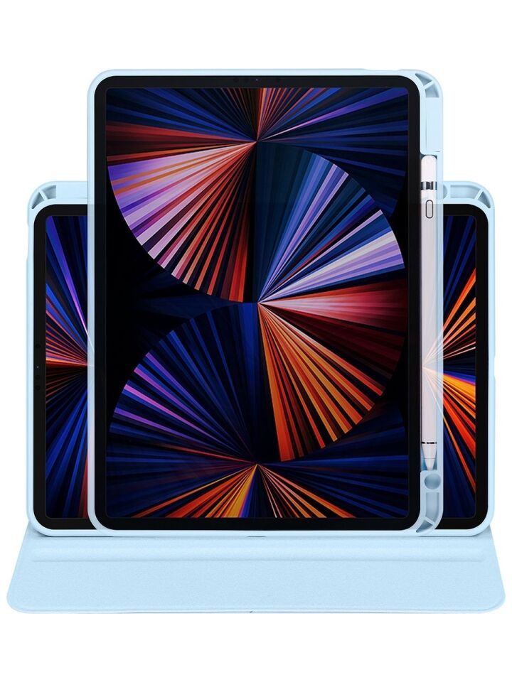 Apple iPad Pro 11 M5 (2025) Dönebilen Standlı Kalem Bölmeli Koruyucu Kılıf Stylus Kalem ve Nano Ekran Koruyucu Çok Fonksiyonlu Set Mavi