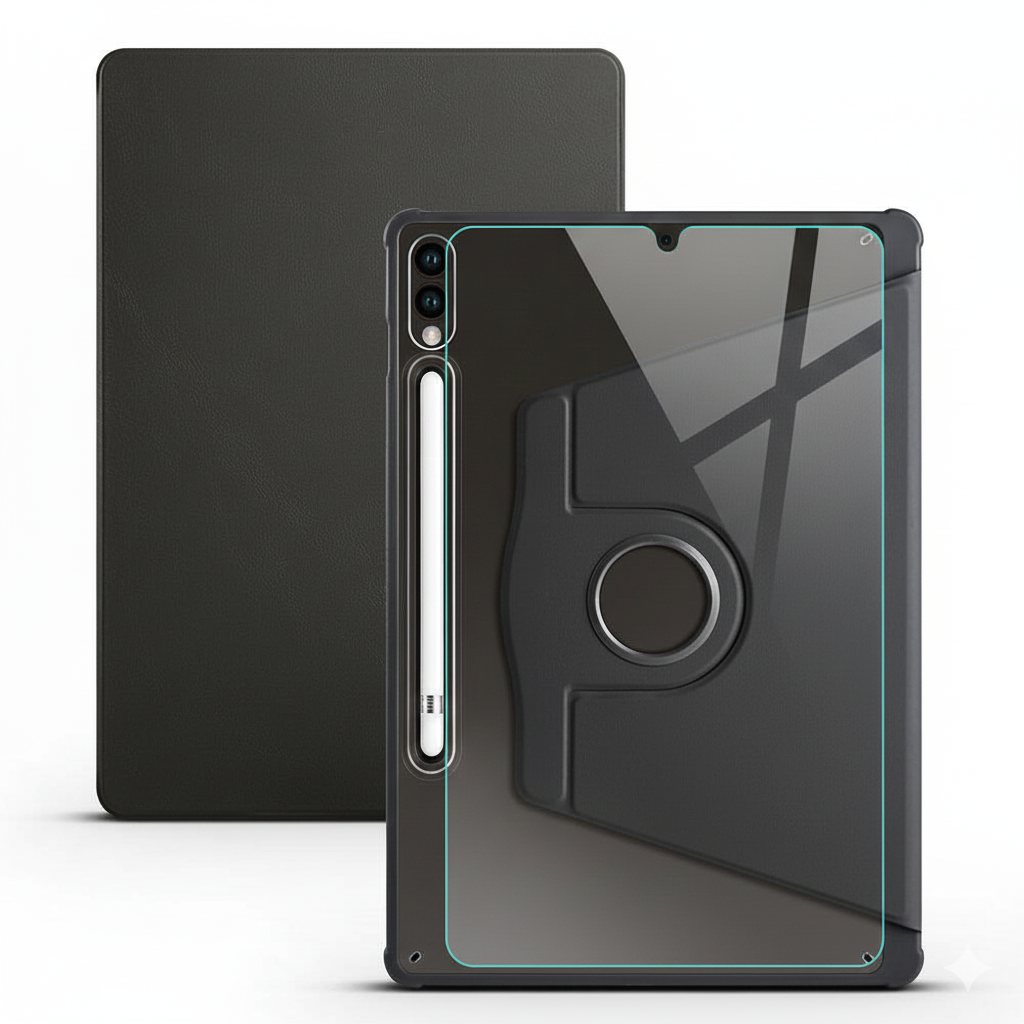 Samsung Galaxy Tab S9 Dönebilen Standlı Kalem Bölmeli Koruyucu Kılıf Stylus Kalem ve Nano Ekran Koruyucu Çok Fonksiyonlu Set Siyah