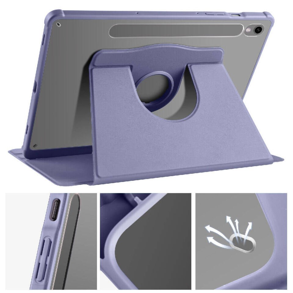 Samsung Galaxy Tab S9 Fe Dönebilen Standlı Kalem Bölmeli Koruyucu Kılıf Stylus Kalem ve Nano Ekran Koruyucu Çok Fonksiyonlu Set Lavanta