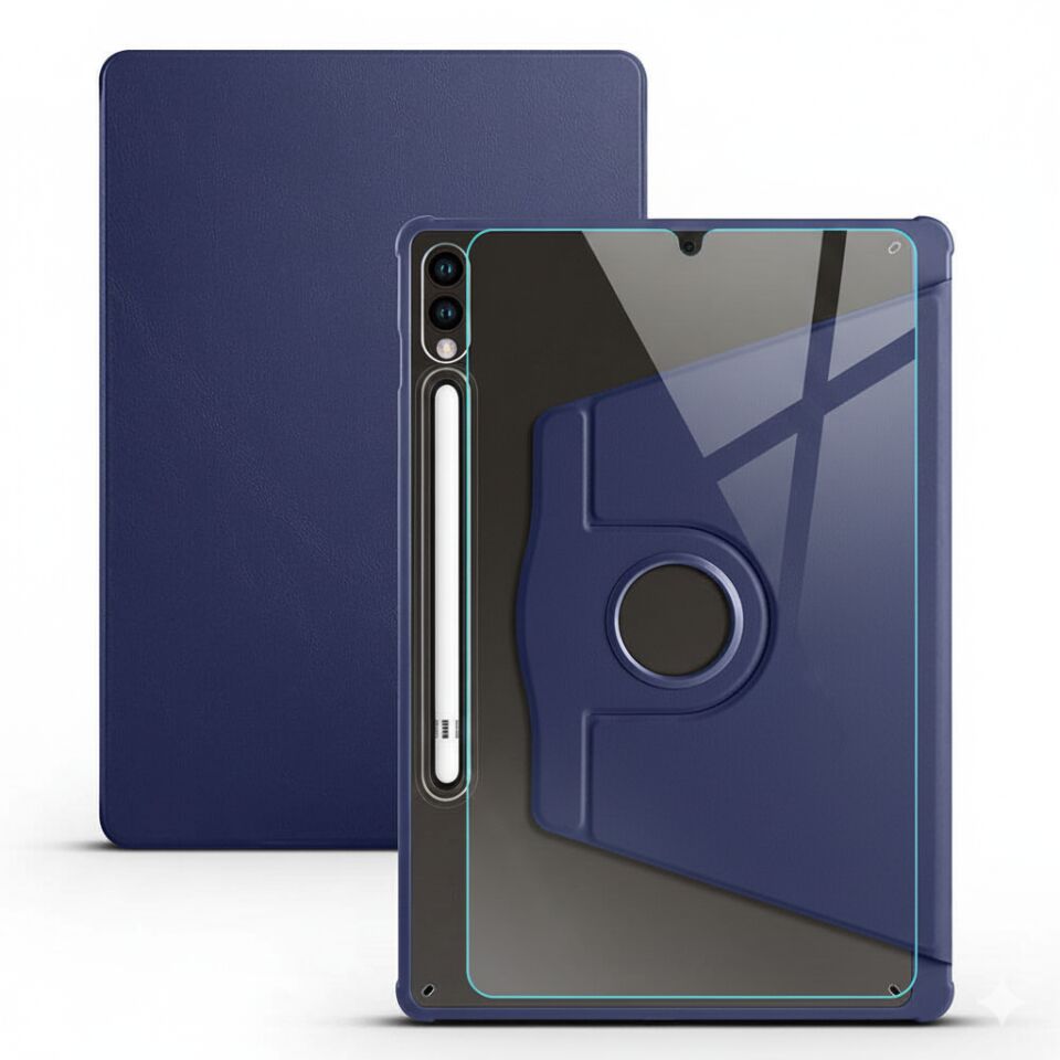 Samsung Galaxy Tab S9 Fe Dönebilen Standlı Kalem Bölmeli Koruyucu Kılıf Stylus Kalem ve Nano Ekran Koruyucu Çok Fonksiyonlu Set Lacivert