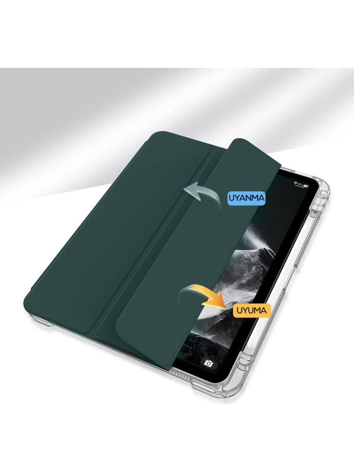 Apple iPad Air 4 (10.9) Manyetik Standlı Darbeye Dayanıklı Shockproof Kalemlikli Kızaklı Hybrid Kılıf Haki