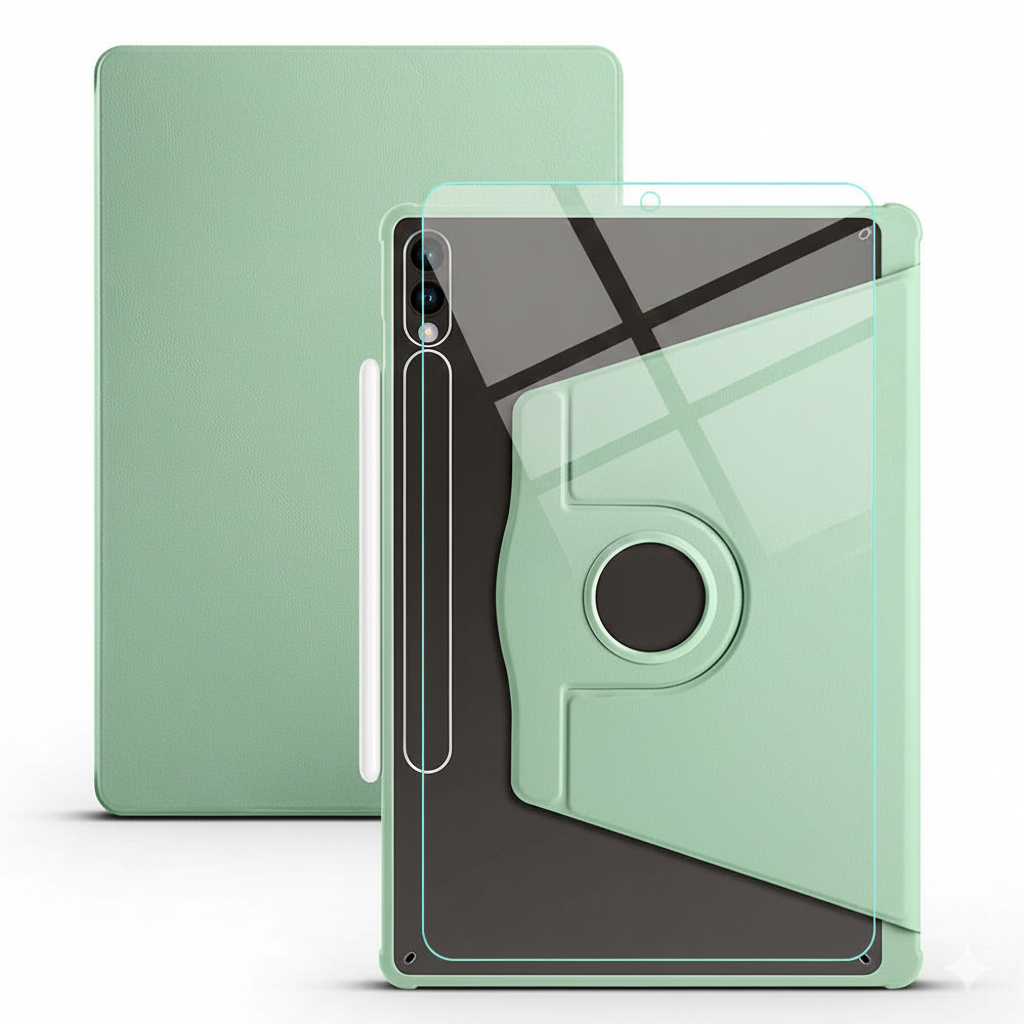 Samsung Galaxy Tab S10 Fe Dönebilen Standlı Kalem Bölmeli Koruyucu Kılıf Stylus Kalem ve Nano Ekran Koruyucu Çok Fonksiyonlu Set Yeşil