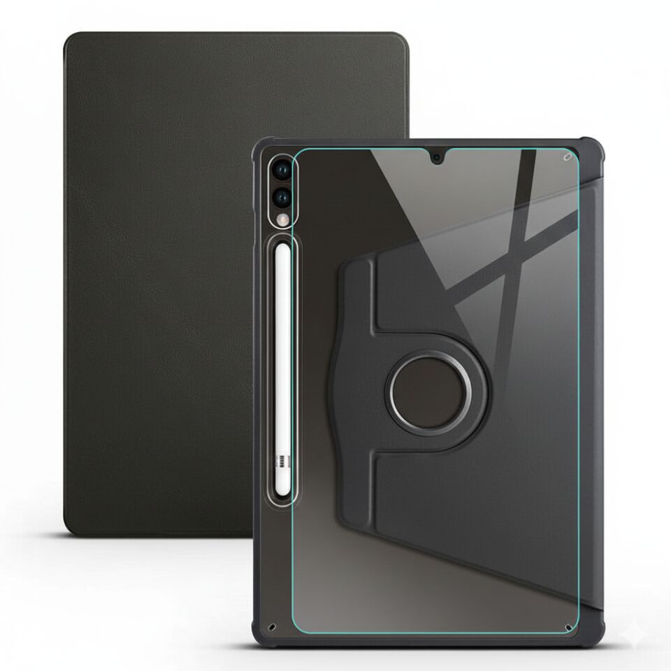 Samsung Galaxy Tab S10 Fe Dönebilen Standlı Kalem Bölmeli Koruyucu Kılıf Stylus Kalem ve Nano Ekran Koruyucu Çok Fonksiyonlu Set Siyah