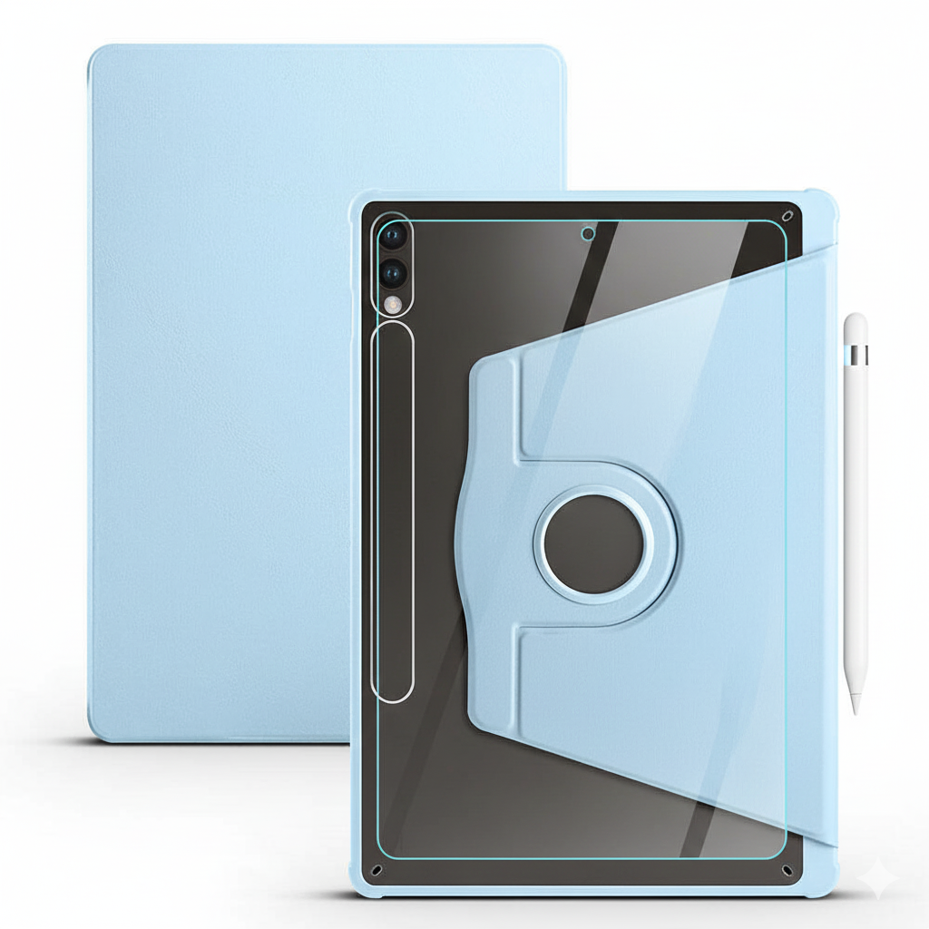 Samsung Galaxy Tab S10 Lite Dönebilen Standlı Kalem Bölmeli Koruyucu Kılıf Stylus Kalem ve Nano Ekran Koruyucu Çok Fonksiyonlu Set Mavi