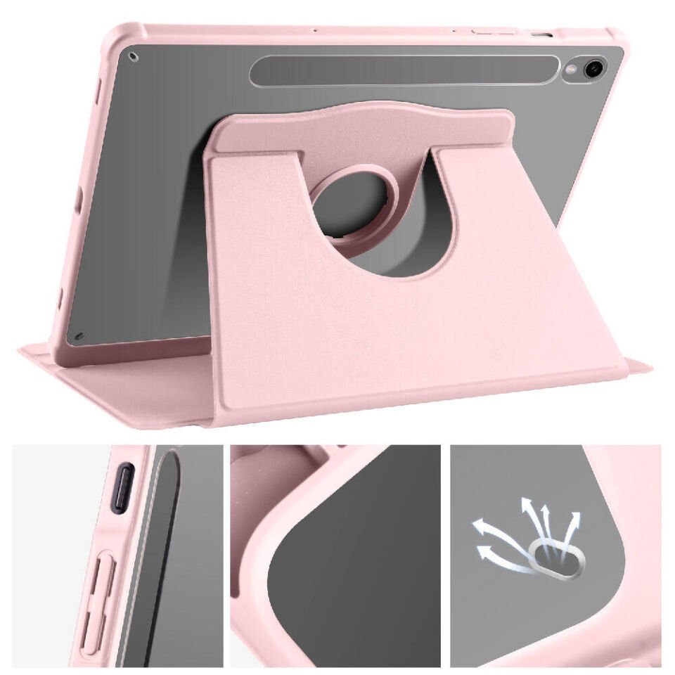 Samsung Galaxy Tab S10 Lite Dönebilen Standlı Kalem Bölmeli Koruyucu Kılıf Stylus Kalem ve Nano Ekran Koruyucu Çok Fonksiyonlu Set Pembe