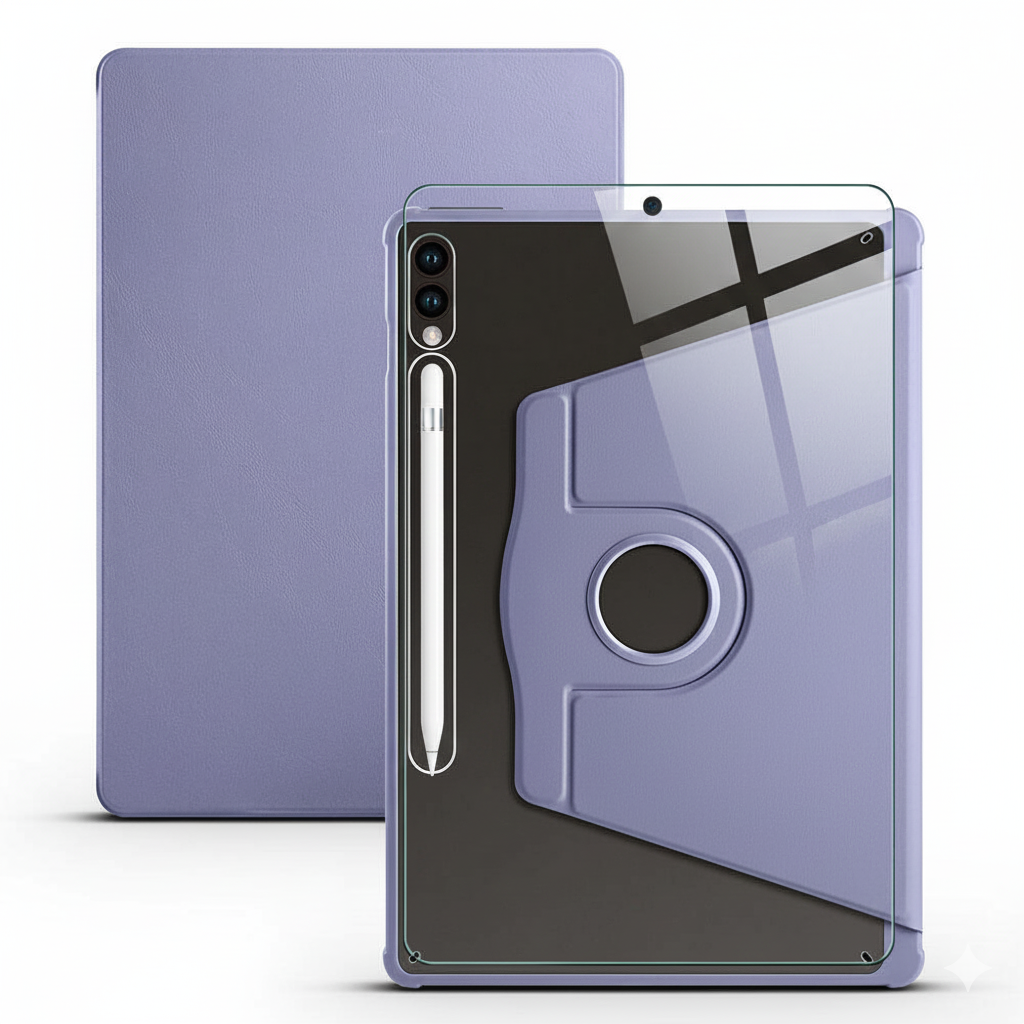 Samsung Galaxy Tab S10 Lite Dönebilen Standlı Kalem Bölmeli Koruyucu Kılıf Stylus Kalem ve Nano Ekran Koruyucu Çok Fonksiyonlu Set Lavanta