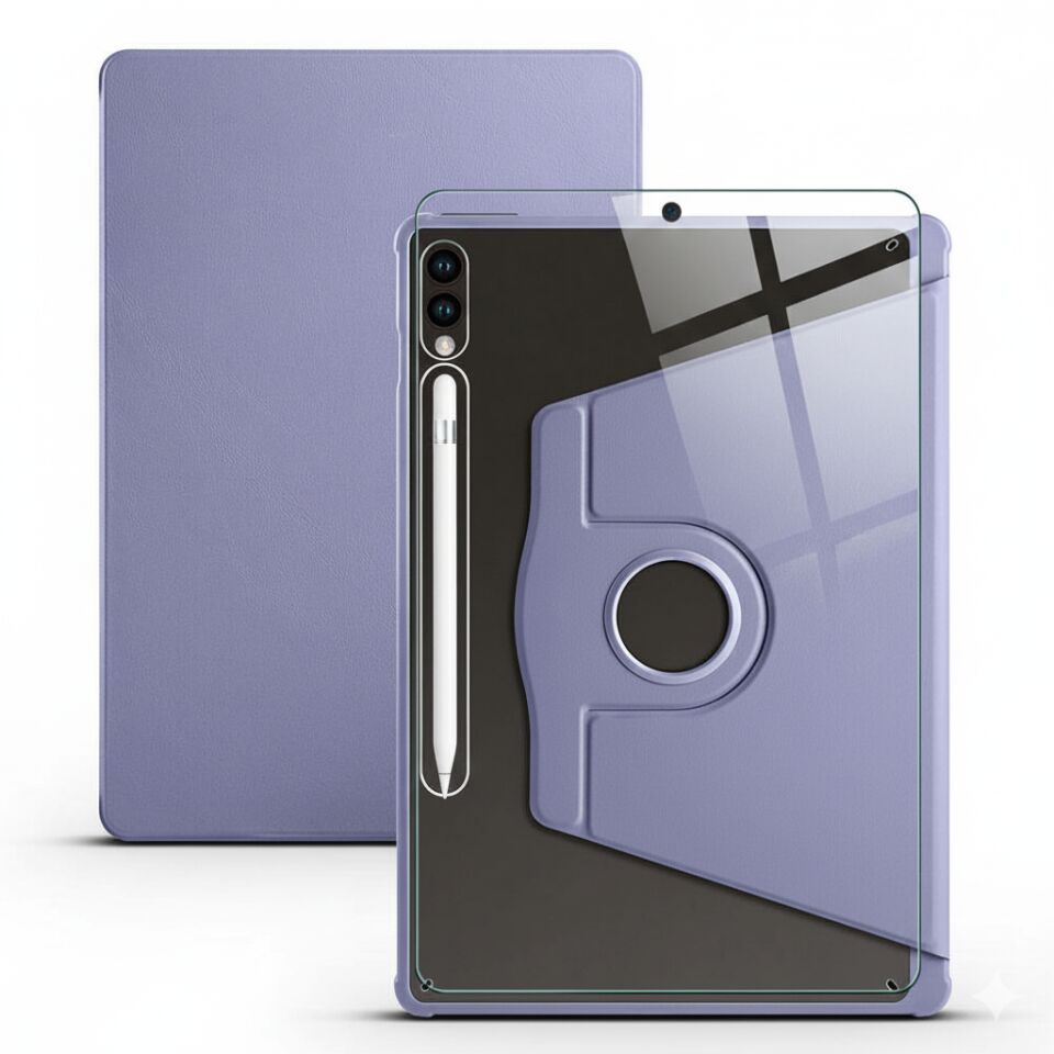 Samsung Galaxy Tab S10 Lite Dönebilen Standlı Kalem Bölmeli Koruyucu Kılıf Stylus Kalem ve Nano Ekran Koruyucu Çok Fonksiyonlu Set Lavanta
