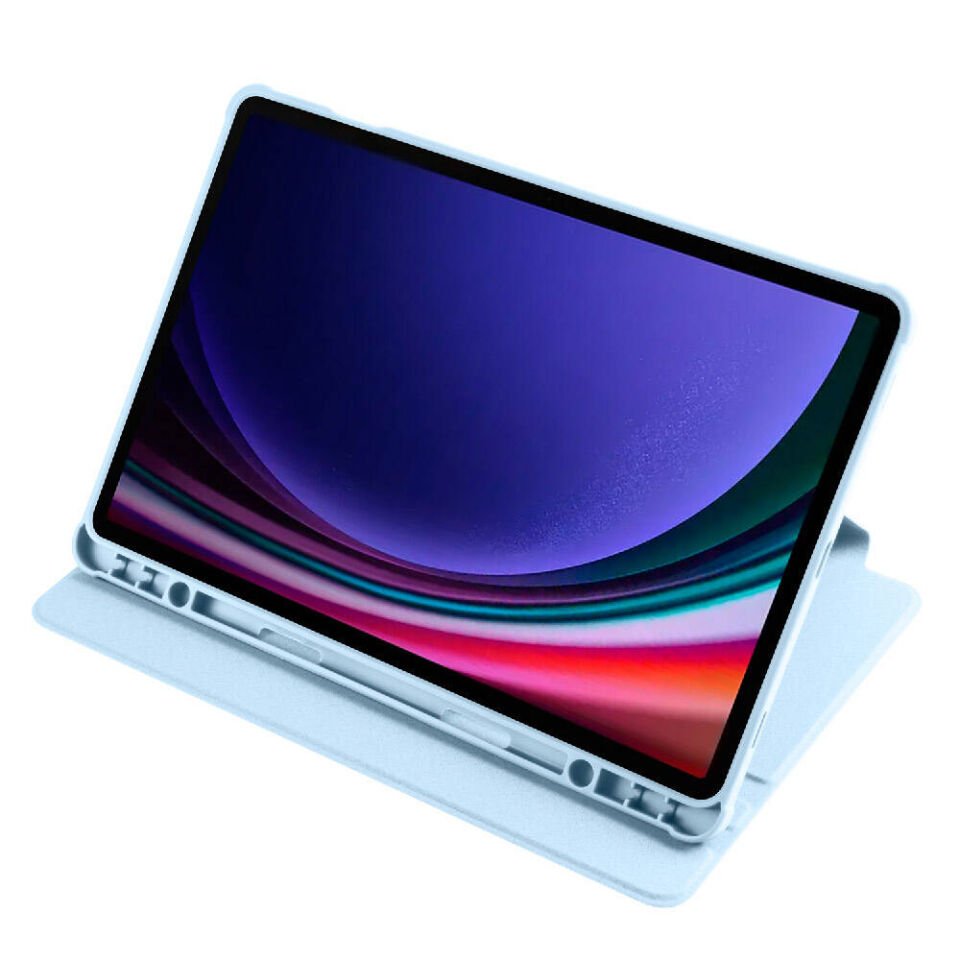 Samsung Galaxy Tab S9 Plus Dönebilen Standlı Kalem Bölmeli Koruyucu Kılıf Stylus Kalem ve Nano Ekran Koruyucu Çok Fonksiyonlu Set Mavi