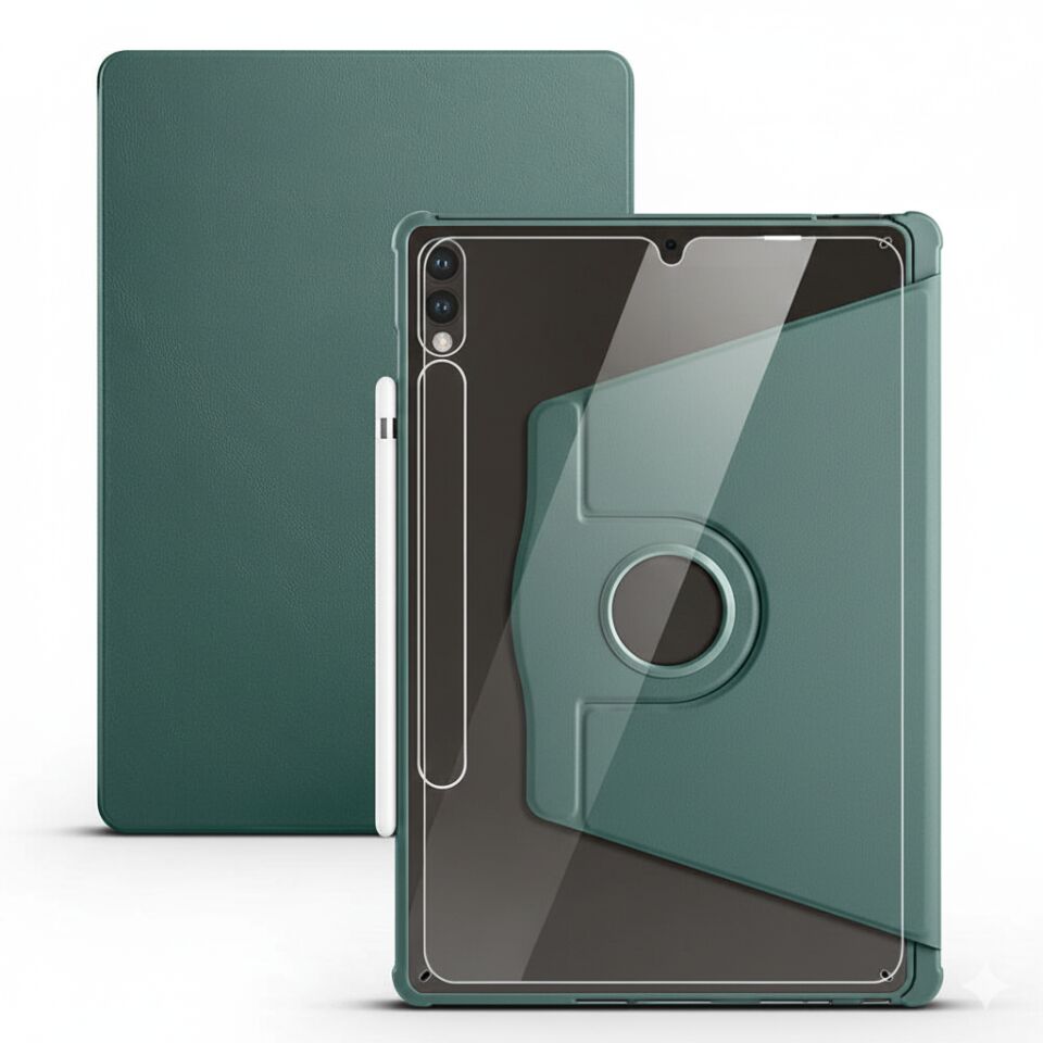 Samsung Galaxy Tab S9 Plus Dönebilen Standlı Kalem Bölmeli Koruyucu Kılıf Stylus Kalem ve Nano Ekran Koruyucu Çok Fonksiyonlu Set Koyu Yeşil