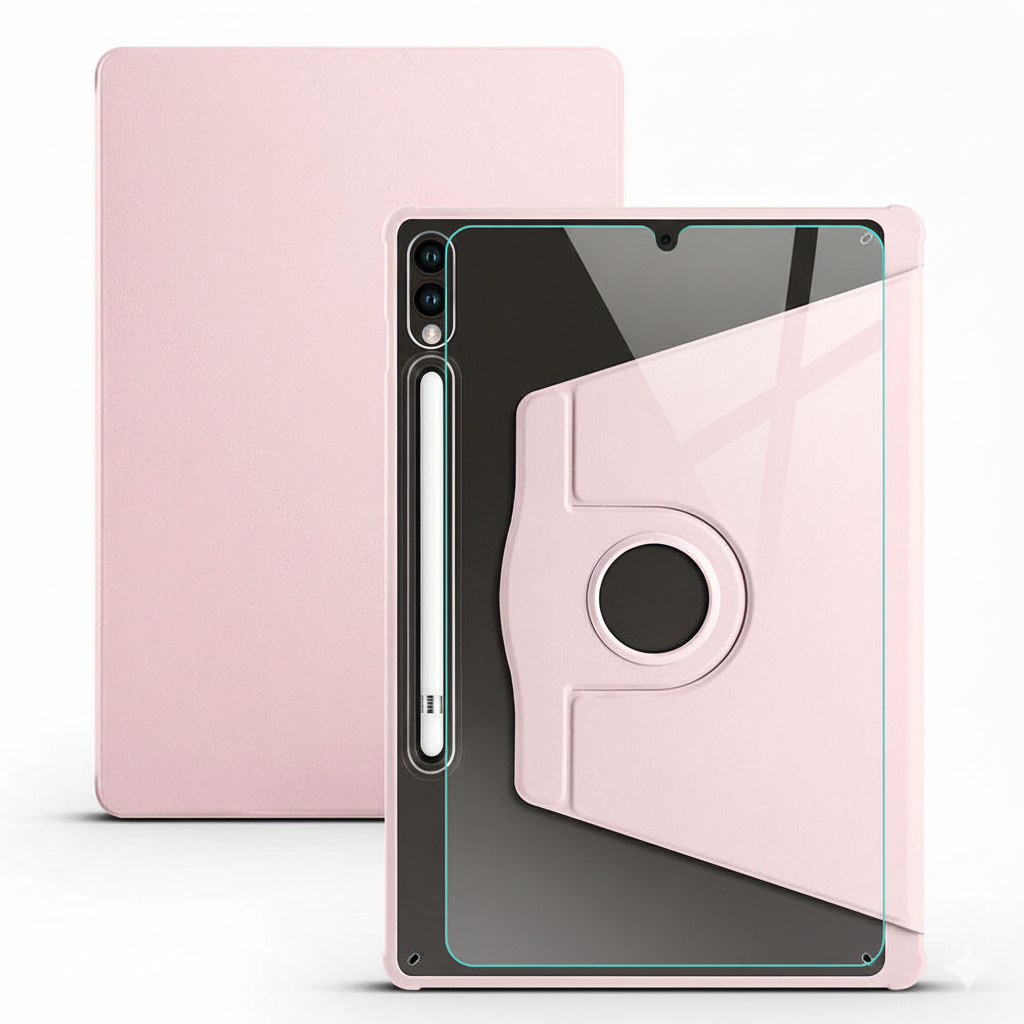 Samsung Galaxy Tab S9 Plus Dönebilen Standlı Kalem Bölmeli Koruyucu Kılıf Stylus Kalem ve Nano Ekran Koruyucu Çok Fonksiyonlu Set Pembe