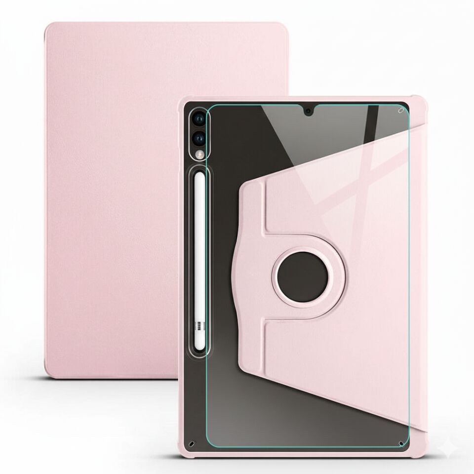 Samsung Galaxy Tab S9 Plus Dönebilen Standlı Kalem Bölmeli Koruyucu Kılıf Stylus Kalem ve Nano Ekran Koruyucu Çok Fonksiyonlu Set Pembe