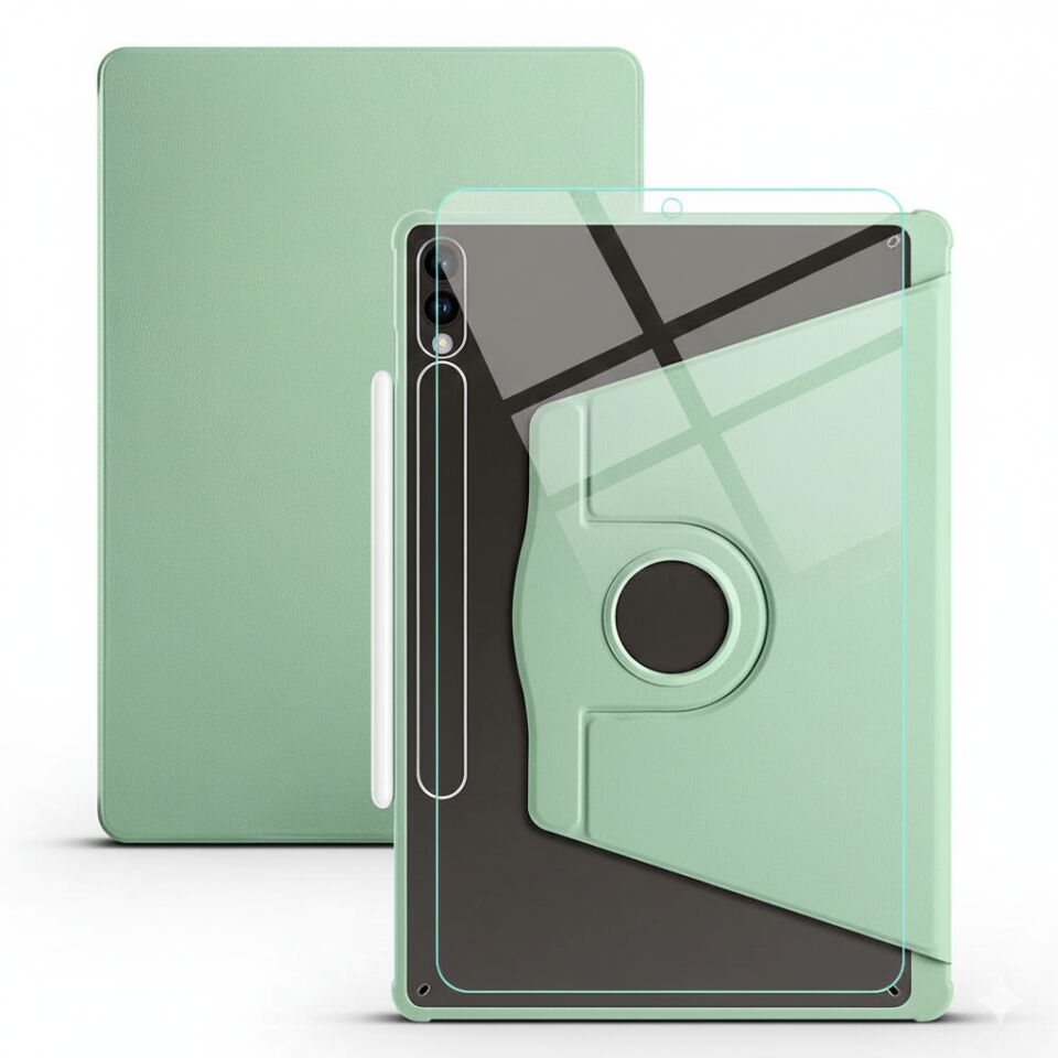 Samsung Galaxy Tab S9 Plus Dönebilen Standlı Kalem Bölmeli Koruyucu Kılıf Stylus Kalem ve Nano Ekran Koruyucu Çok Fonksiyonlu Set Yeşil