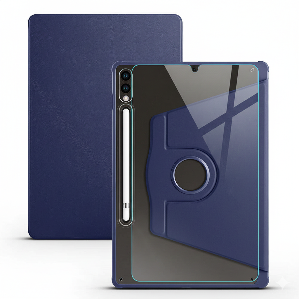 Samsung Galaxy Tab S9 Fe Plus Dönebilen Standlı Kalem Bölmeli Koruyucu Kılıf Stylus Kalem ve Nano Ekran Koruyucu Çok Fonksiyonlu Set Lacivert