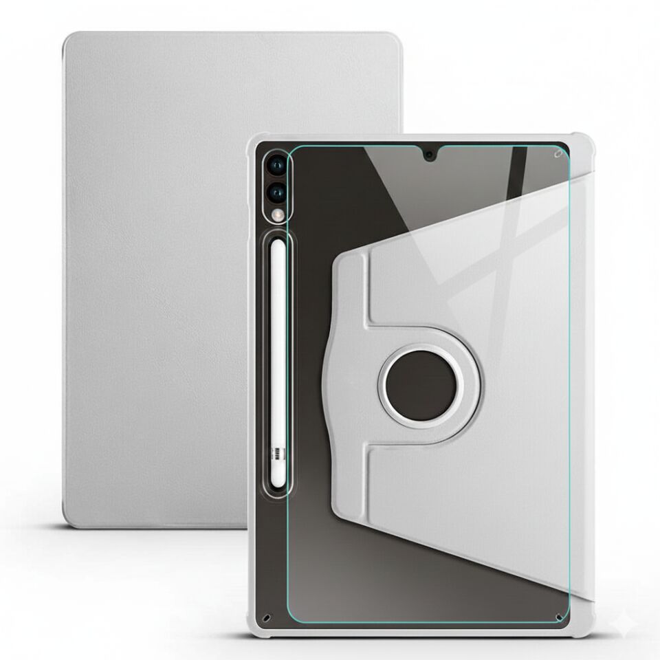 Samsung Galaxy Tab S10 Plus Dönebilen Standlı Kalem Bölmeli Koruyucu Kılıf Stylus Kalem ve Nano Ekran Koruyucu Çok Fonksiyonlu Set Gri