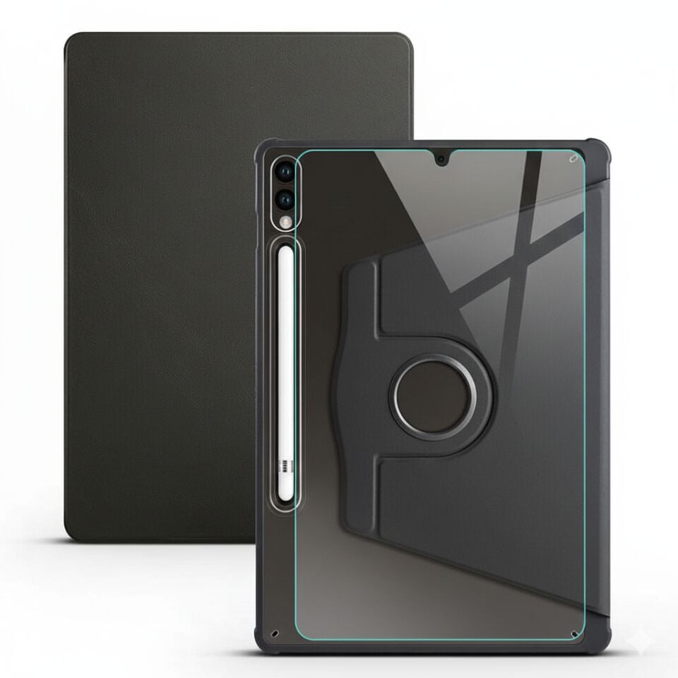 Samsung Galaxy Tab S7 Fe Dönebilen Standlı Kalem Bölmeli Koruyucu Kılıf Stylus Kalem ve Nano Ekran Koruyucu Çok Fonksiyonlu Set Siyah