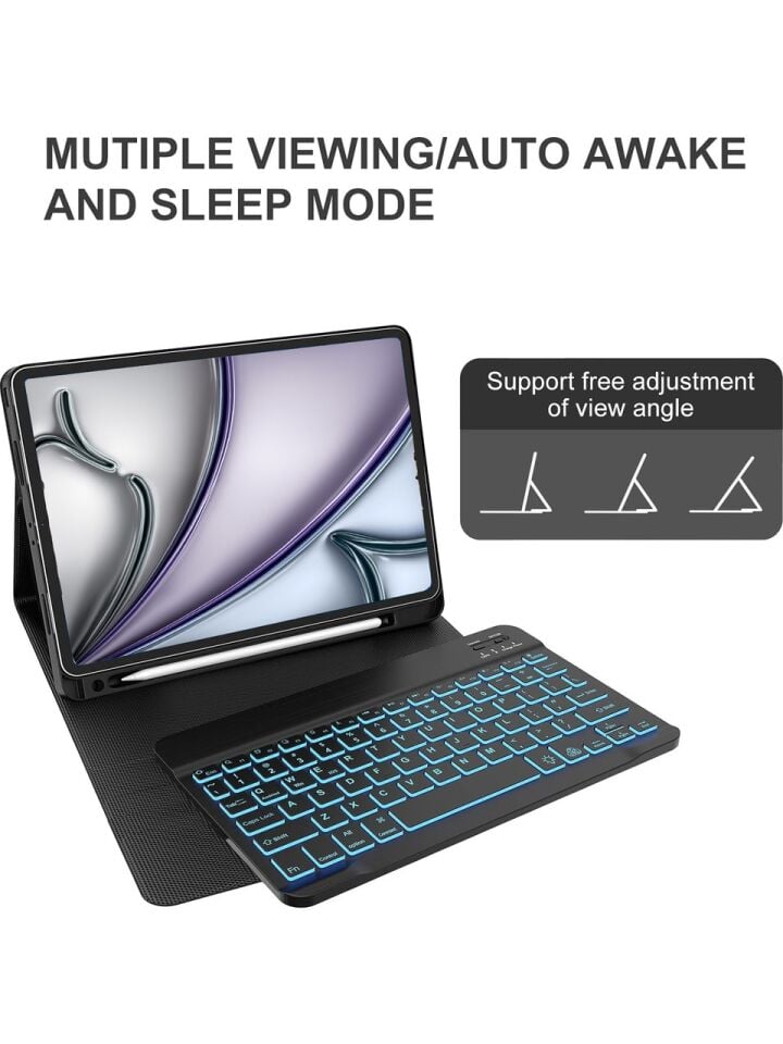 Apple iPad Air 13 M2 (2024) Rgb LED Işıklı Türkçe Karakterli Bluetooth Özellikli Kalemlikli Klavyeli Kılıf