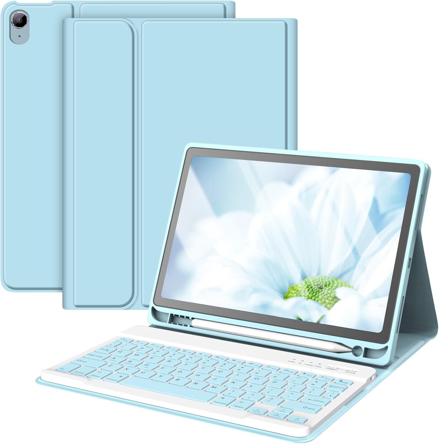 Apple iPad Air 11 M2 (2024) Rgb LED Işıklı Türkçe Karakterli Bluetooth Özellikli Kalemlikli Klavyeli Kılıf Turkuaz