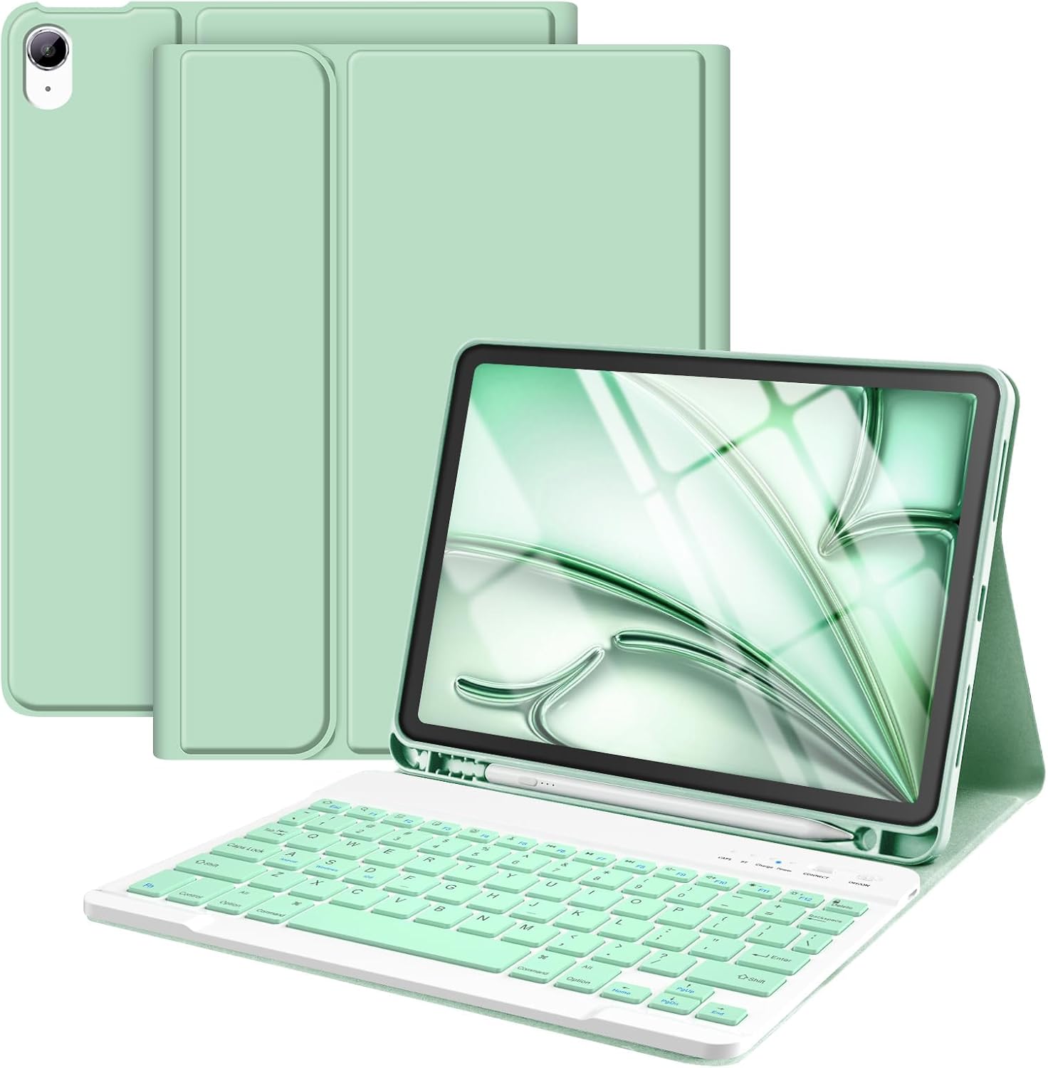 Apple iPad Air 11 M2 (2024) Rgb LED Işıklı Türkçe Karakterli Bluetooth Özellikli Kalemlikli Klavyeli Kılıf Yeşil
