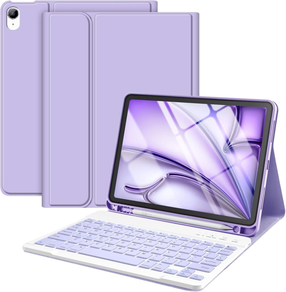 Apple iPad Air 11 M2 (2024) Rgb LED Işıklı Türkçe Karakterli Bluetooth Özellikli Kalemlikli Klavyeli Kılıf Lavanta