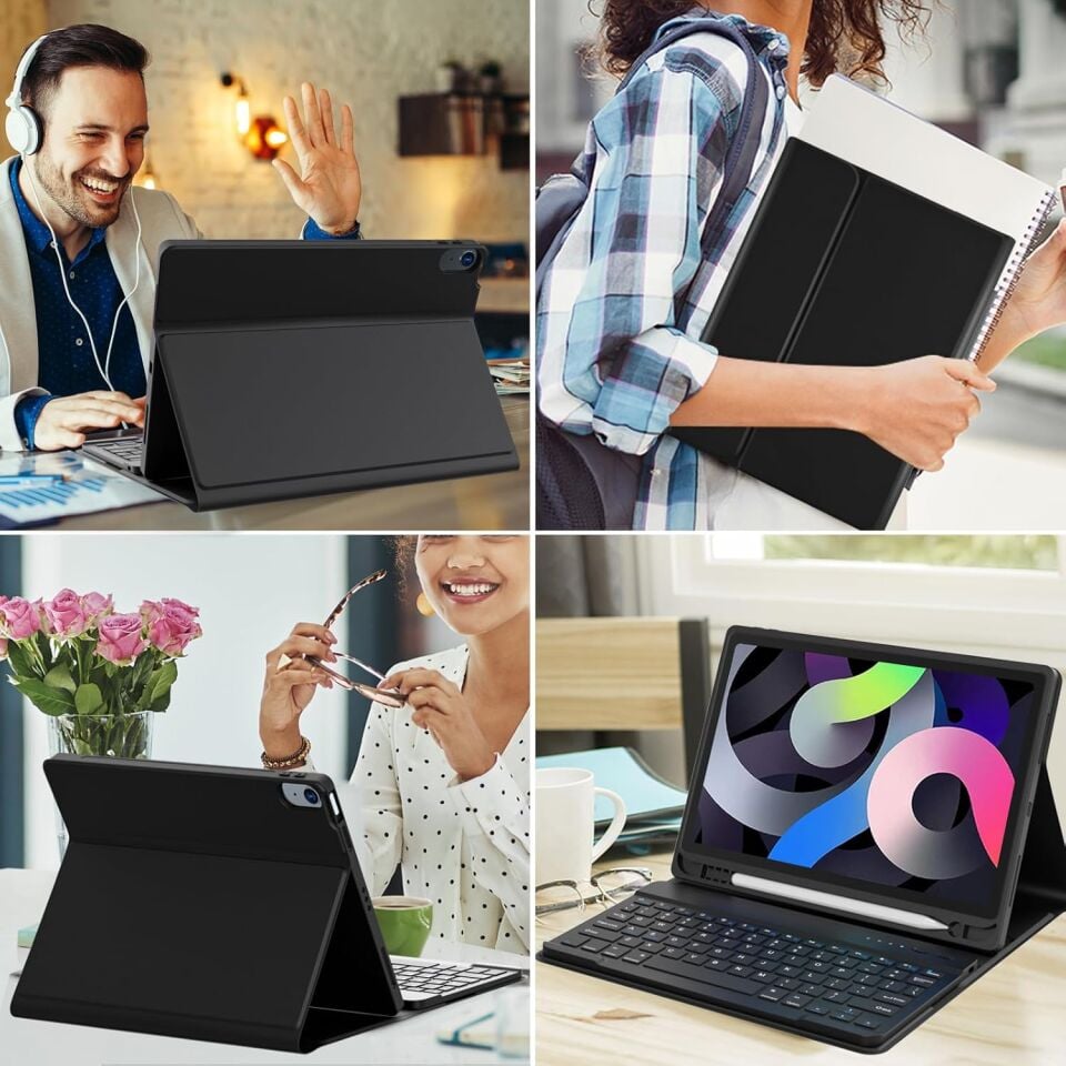 Apple iPad Air 5 10.9 Inc Rgb LED Işıklı Türkçe Karakterli Bluetooth Özellikli Kalemlikli Klavyeli Kılıf Siyah