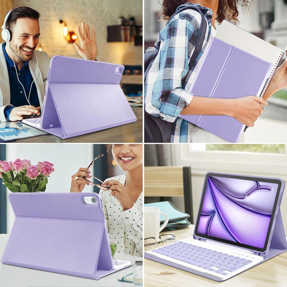 Apple iPad Air 5 10.9 Inc Rgb LED Işıklı Türkçe Karakterli Bluetooth Özellikli Kalemlikli Klavyeli Kılıf Lavanta