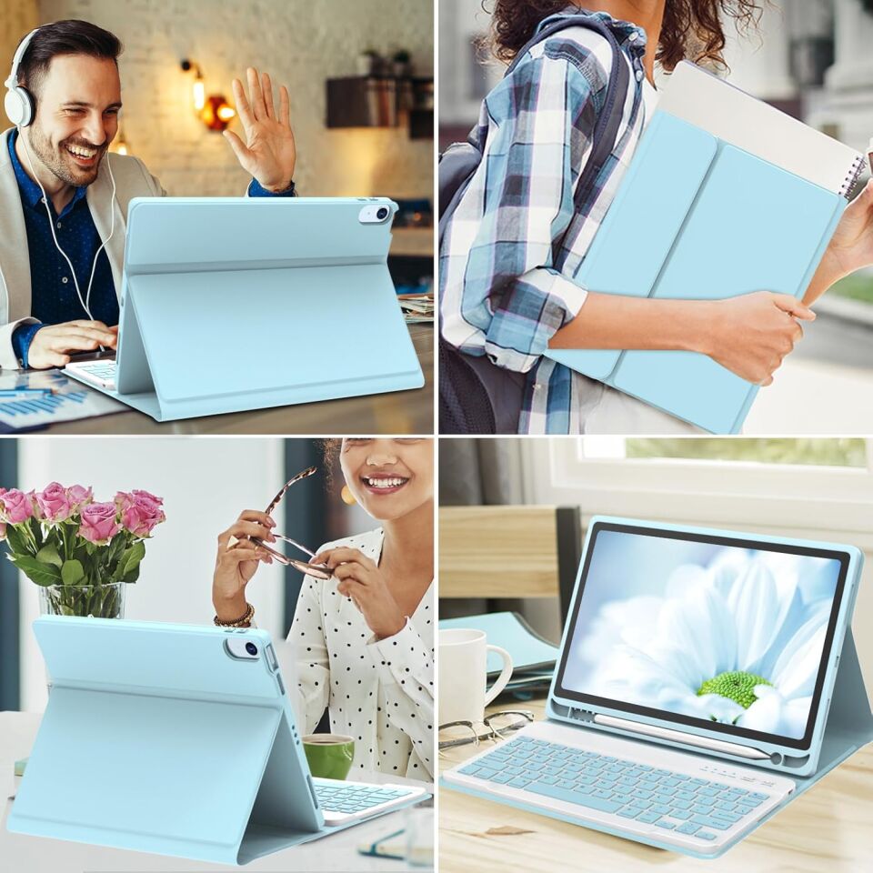 Apple iPad Air 4 10.9 Inc Rgb LED Işıklı Türkçe Karakterli Bluetooth Özellikli Kalemlikli Klavyeli Kılıf Turkuaz