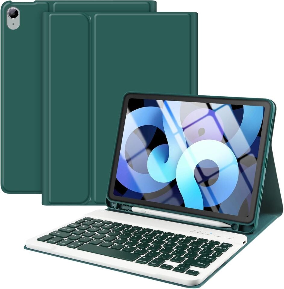 Apple iPad Air 4 10.9 Inc Rgb LED Işıklı Türkçe Karakterli Bluetooth Özellikli Kalemlikli Klavyeli Kılıf Koyu Yeşil