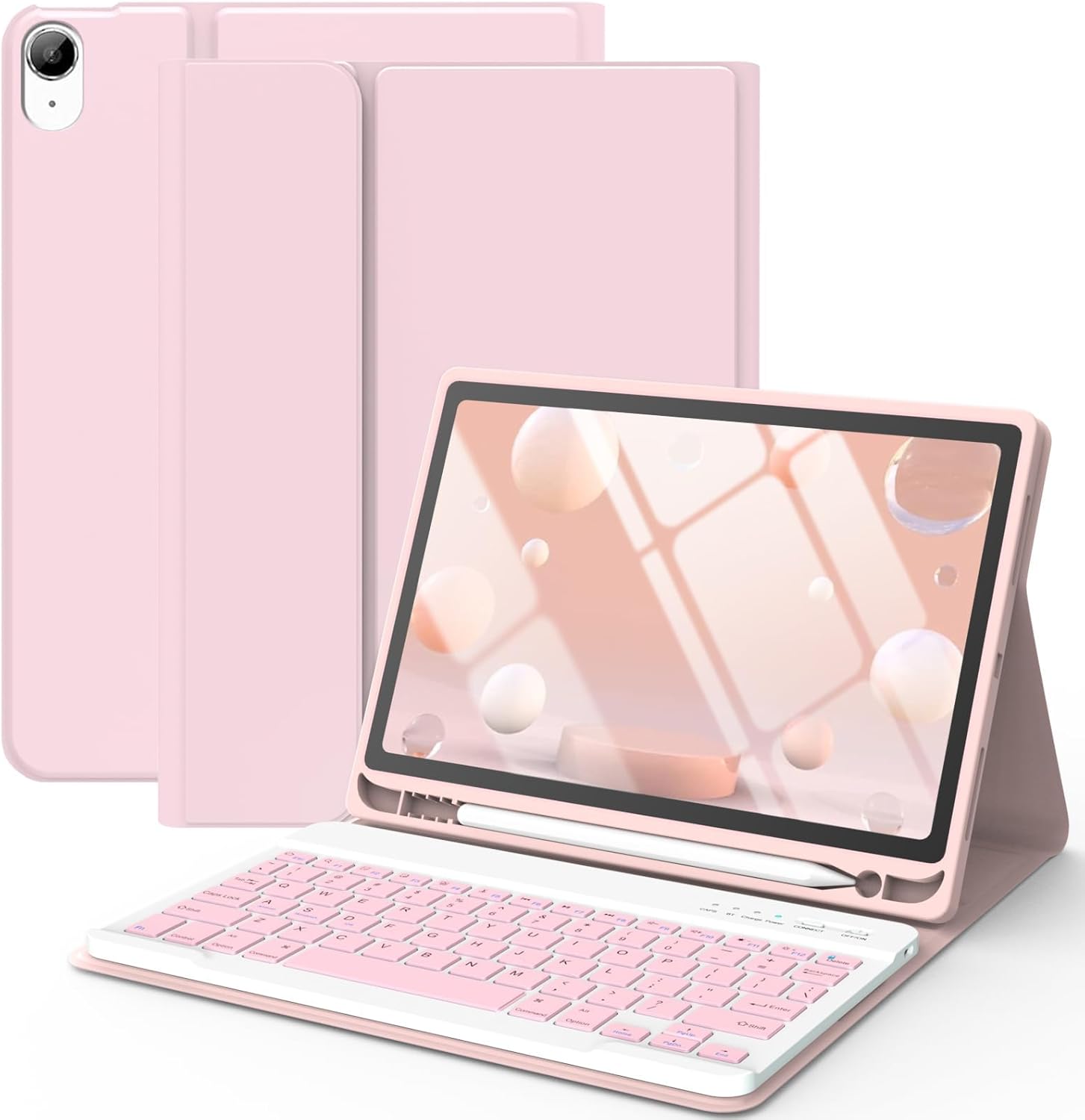 Apple iPad Air 4 10.9 Inc Rgb LED Işıklı Türkçe Karakterli Bluetooth Özellikli Kalemlikli Klavyeli Kılıf Pembe
