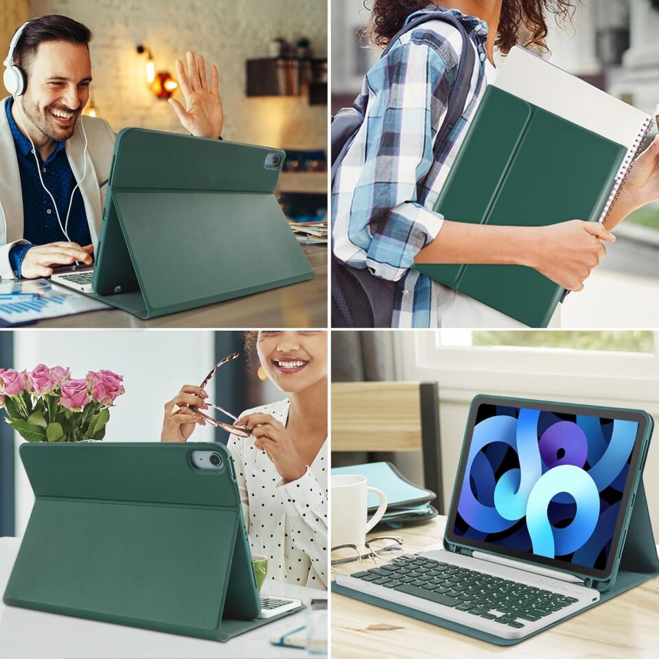 Apple iPad 10. Nesil 10.9 Inc Rgb LED Işıklı Türkçe Karakterli Bluetooth Özellikli Kalemlikli Klavyeli Kılıf Koyu Yeşil