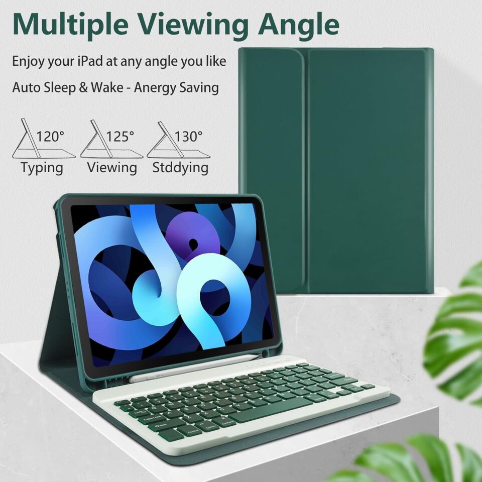 Apple iPad 10. Nesil 10.9 Inc Rgb LED Işıklı Türkçe Karakterli Bluetooth Özellikli Kalemlikli Klavyeli Kılıf Koyu Yeşil