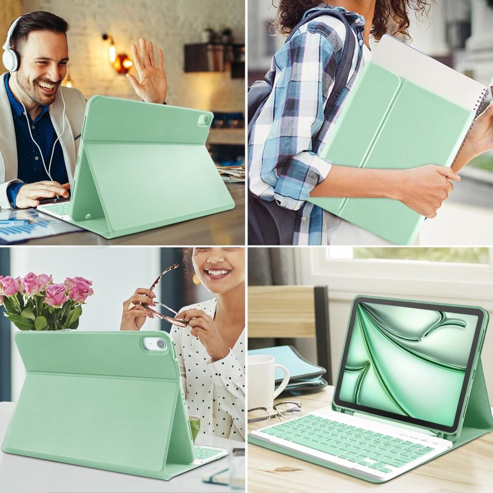 Apple iPad 10. Nesil 10.9 Inc Rgb LED Işıklı Türkçe Karakterli Bluetooth Özellikli Kalemlikli Klavyeli Kılıf Yeşil