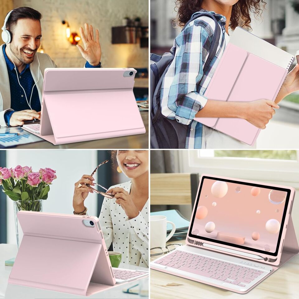 Apple iPad A16 11 Inc 2025 Rgb LED Işıklı Türkçe Karakterli Bluetooth Özellikli Kalemlikli Klavyeli Kılıf Pembe