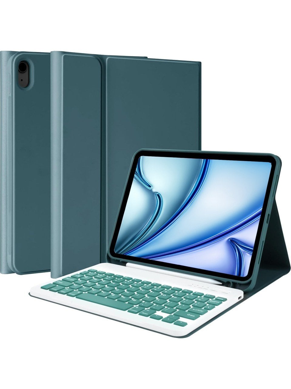 Apple iPad Air 13 M3 (2025) Rgb LED Işıklı Türkçe Karakterli Bluetooth Özellikli Kalemlikli Klavyeli Kılıf Koyu Yeşil