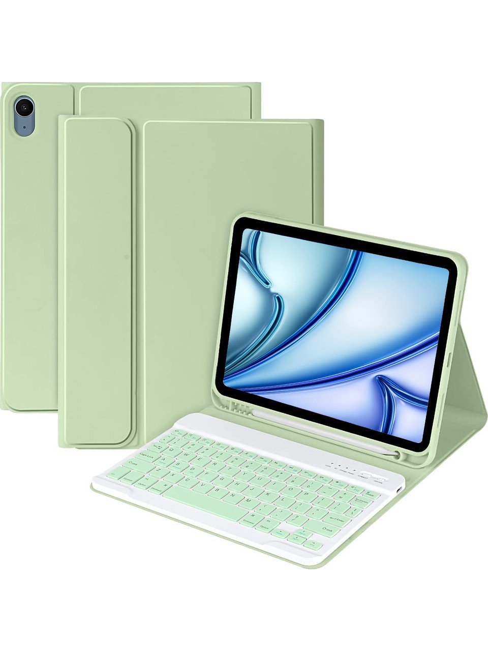 Apple iPad Air 13 M3 (2025) Rgb LED Işıklı Türkçe Karakterli Bluetooth Özellikli Kalemlikli Klavyeli Kılıf Yeşil
