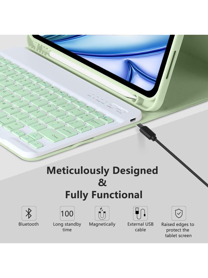 Apple iPad Air 13 M3 (2025) Rgb LED Işıklı Türkçe Karakterli Bluetooth Özellikli Kalemlikli Klavyeli Kılıf Yeşil