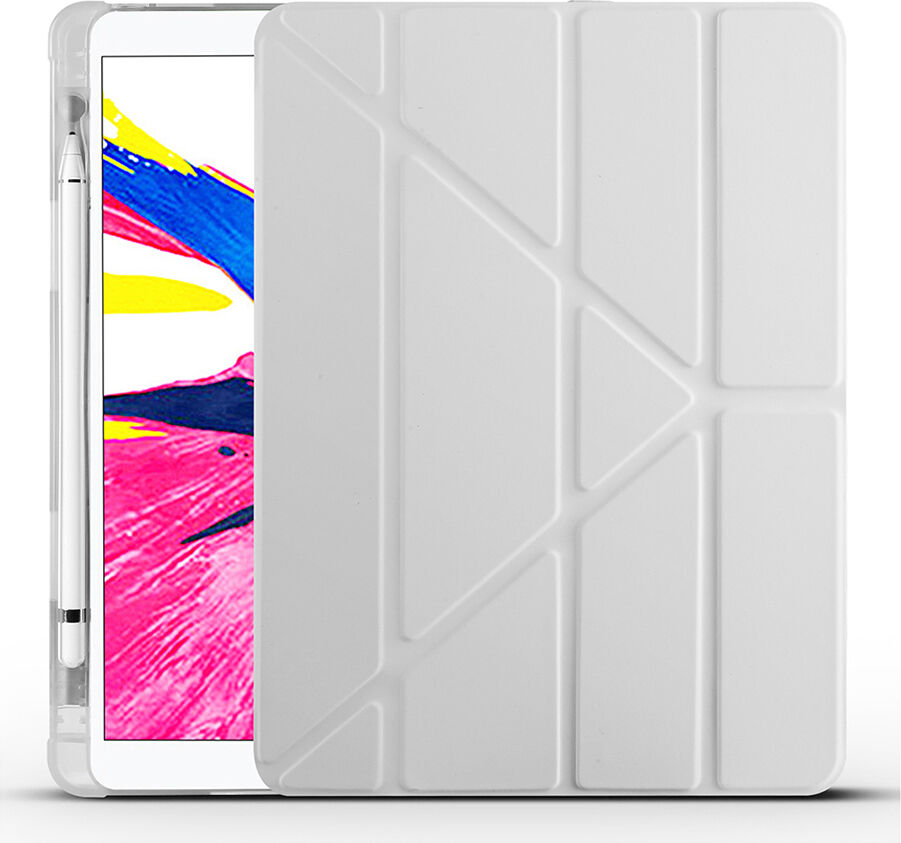 Apple iPad 8. Nesil 10.2 Inc (2020) Yatay ve Dikey Standlı Antişok Köşe Korumalı Kalemlikli Origami Slikon Kılıf A2270 A2428
