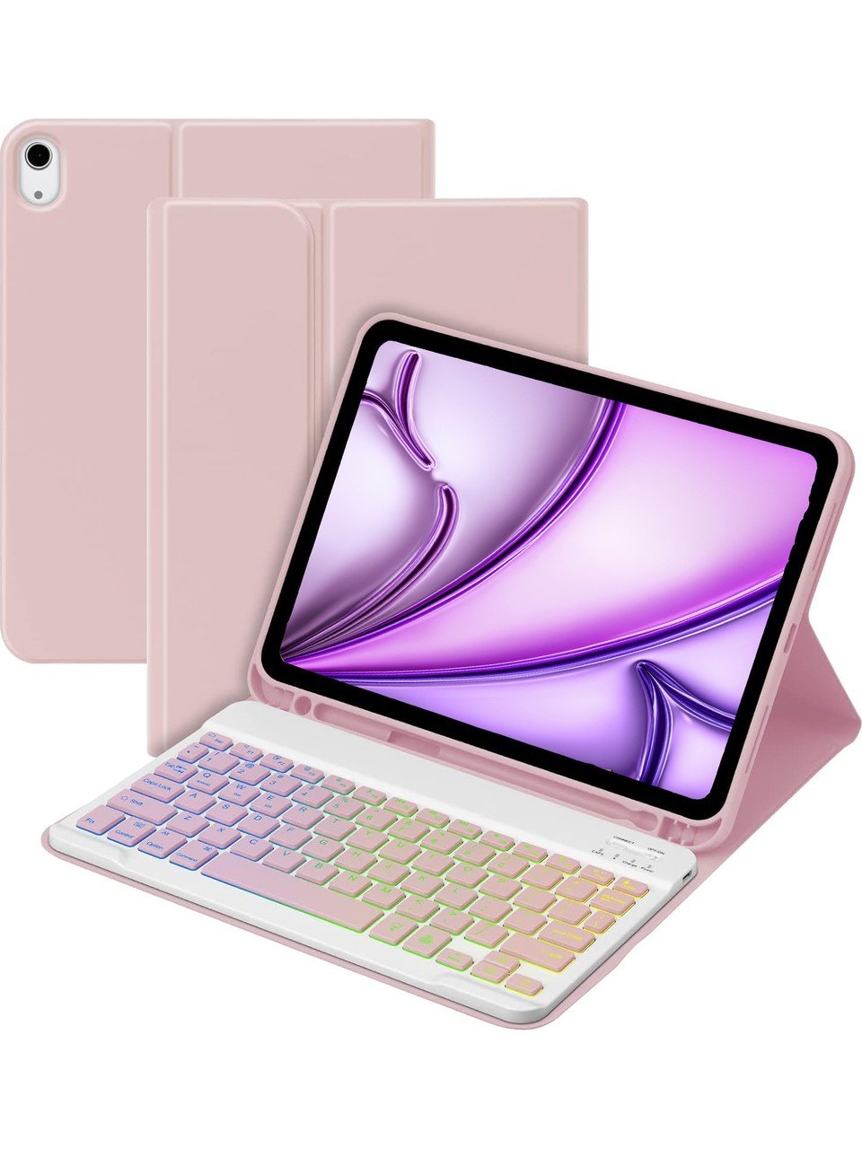 Apple iPad Air 13 M3 (2025) Rgb LED Işıklı Türkçe Karakterli Bluetooth Özellikli Kalemlikli Klavyeli Kılıf Pembe