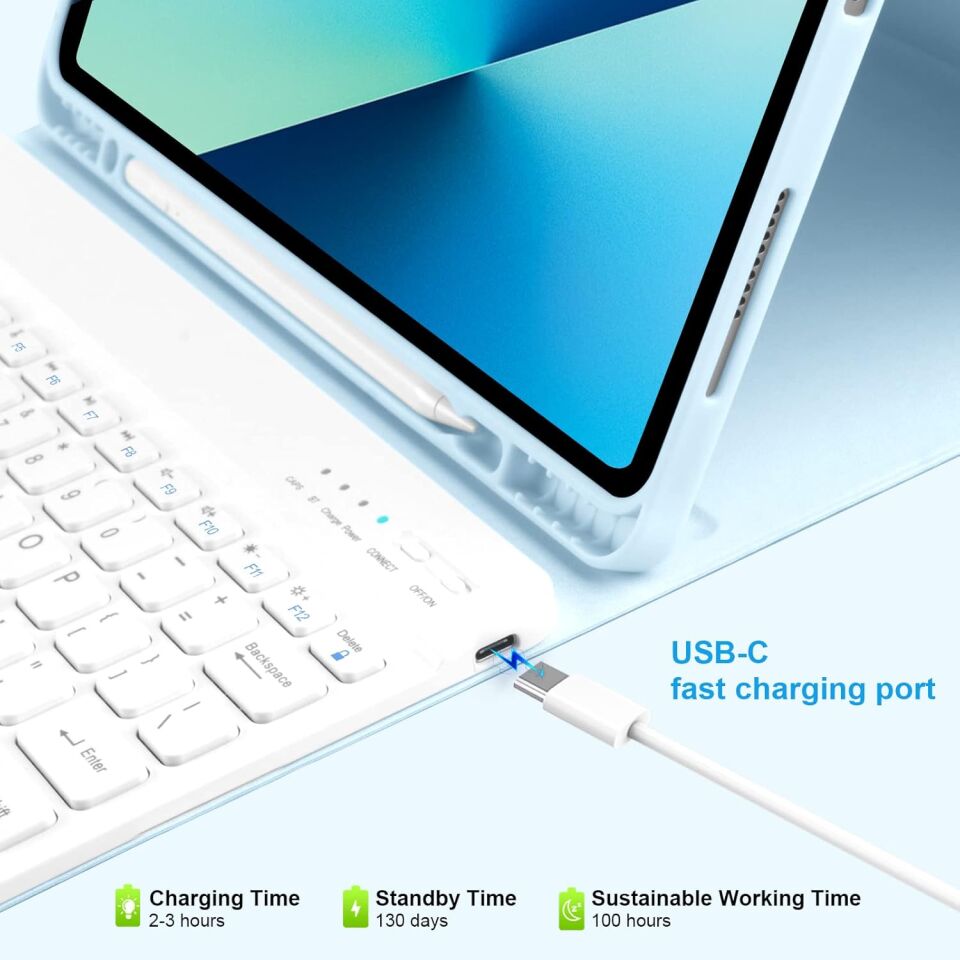 Apple iPad Air 13 M3 (2025) Rgb LED Işıklı Türkçe Karakterli Bluetooth Özellikli Kalemlikli Klavyeli Kılıf Turkuaz