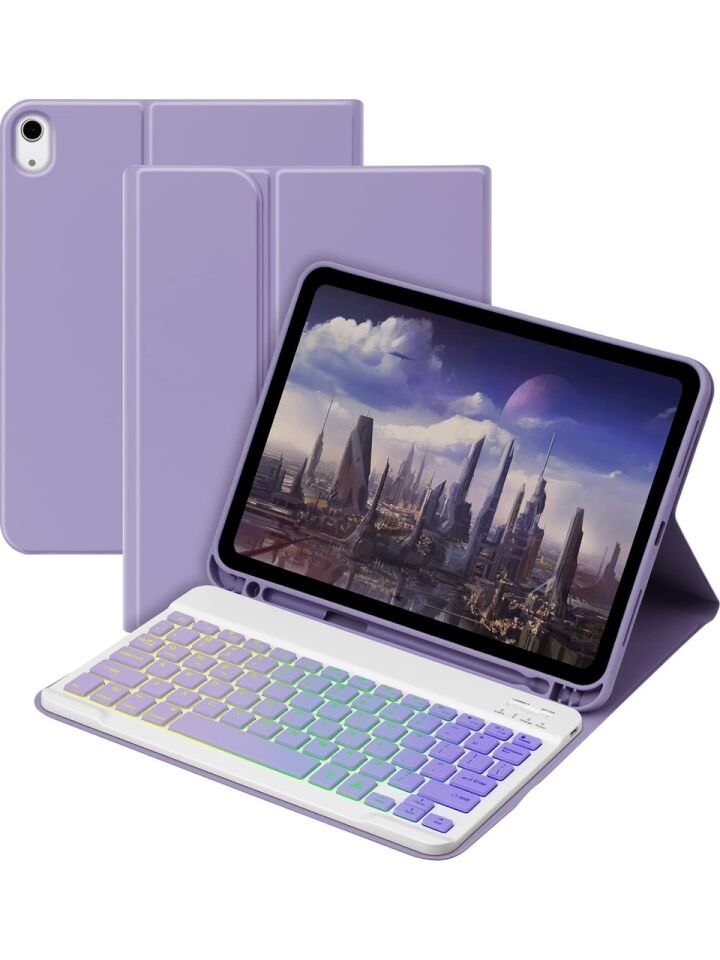 Apple iPad Air 13 M4 (2026) Rgb LED Işıklı Türkçe Karakterli Bluetooth Özellikli Kalemlikli Klavyeli Kılıf Lavanta