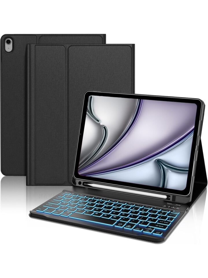 Apple iPad Air 13 M2 (2024) Rgb LED Işıklı Türkçe Karakterli Bluetooth Özellikli Kalemlikli Klavyeli Kılıf Siyah