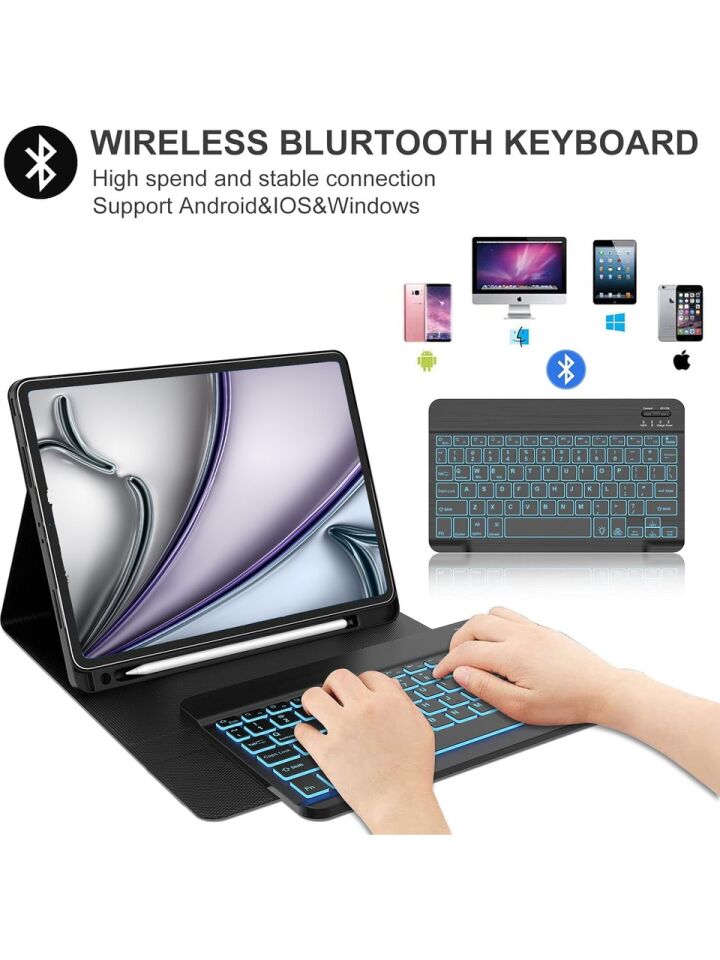Apple iPad Air 13 M2 (2024) Rgb LED Işıklı Türkçe Karakterli Bluetooth Özellikli Kalemlikli Klavyeli Kılıf Siyah