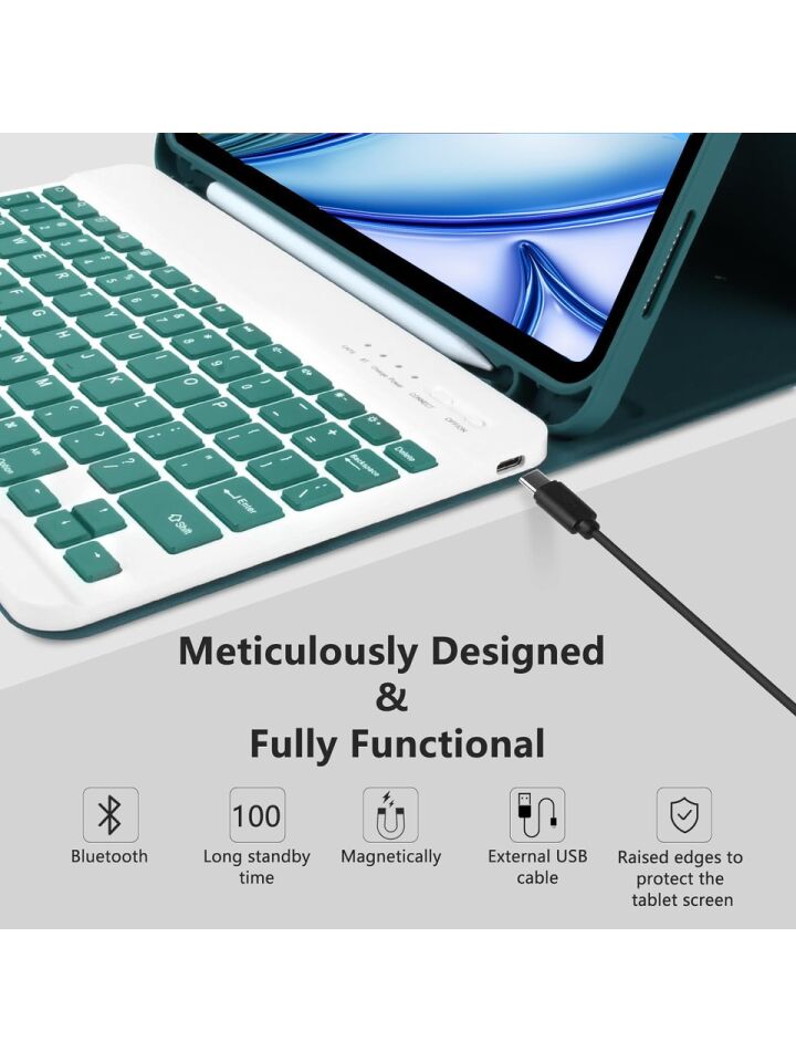 Apple iPad Air 13 M2 (2024) Rgb LED Işıklı Türkçe Karakterli Bluetooth Özellikli Kalemlikli Klavyeli Kılıf Koyu Yeşil