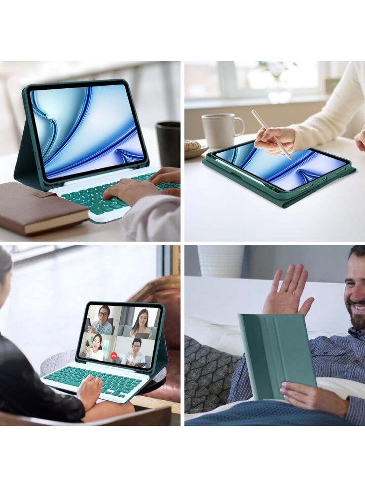 Apple iPad Air 13 M2 (2024) Rgb LED Işıklı Türkçe Karakterli Bluetooth Özellikli Kalemlikli Klavyeli Kılıf Koyu Yeşil