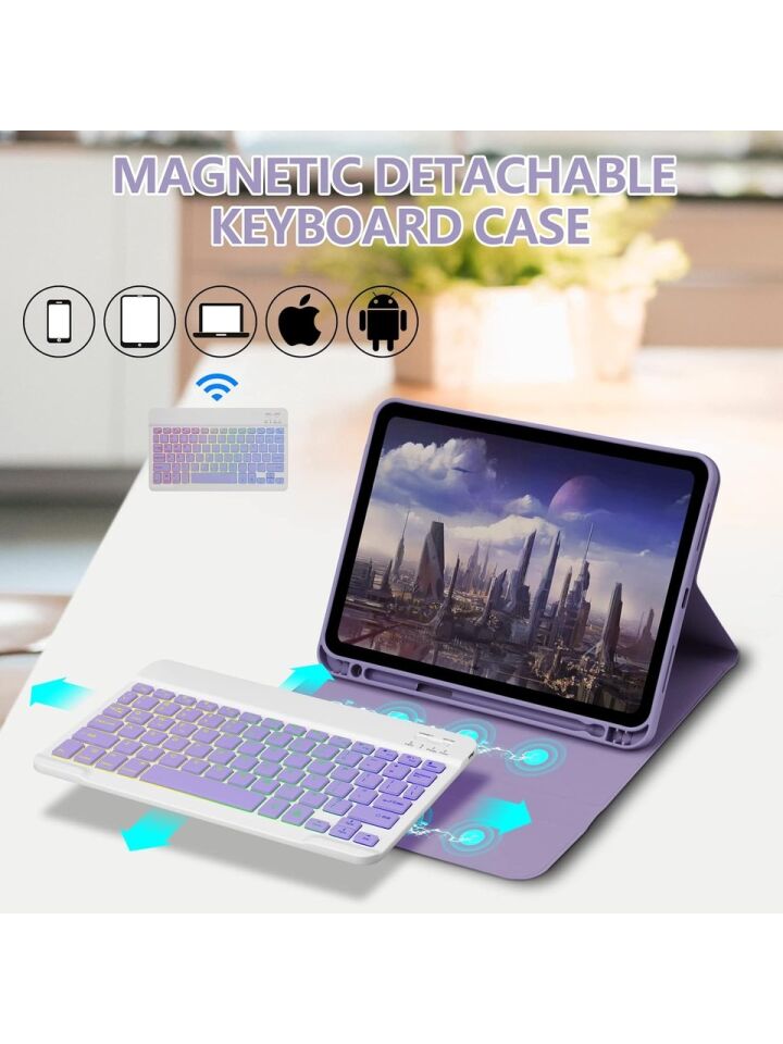 Apple iPad Air 13 M2 (2024) Rgb LED Işıklı Türkçe Karakterli Bluetooth Özellikli Kalemlikli Klavyeli Kılıf Lavanta