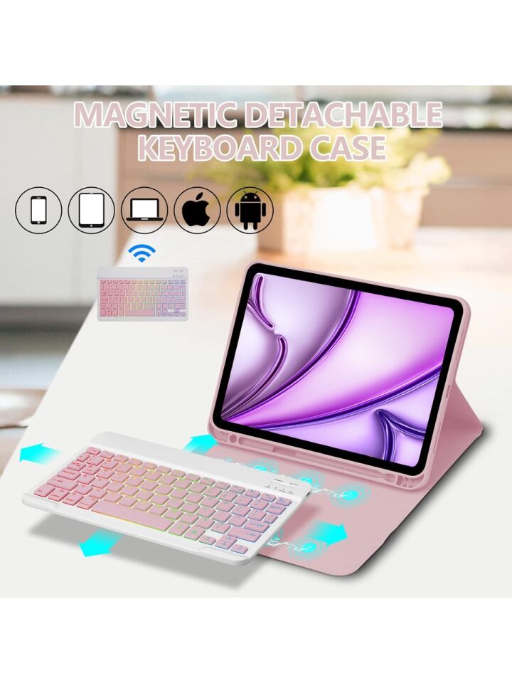 Apple iPad Air 13 M2 (2024) Rgb LED Işıklı Türkçe Karakterli Bluetooth Özellikli Kalemlikli Klavyeli Kılıf Pembe