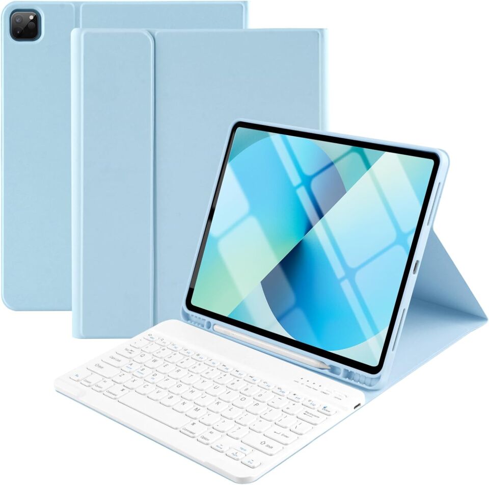 Apple iPad Air 13 M2 (2024) Rgb LED Işıklı Türkçe Karakterli Bluetooth Özellikli Kalemlikli Klavyeli Kılıf Turkuaz